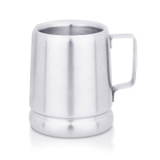 A Double wall conical mug with a steel finish